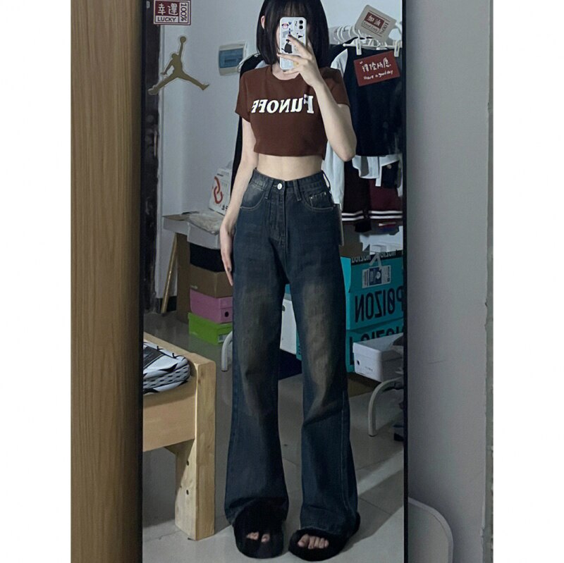 New Fashion High-quality Retro Wide-leg Jeans Womens Autumn and Winter High-waist Slimming Loose Micro-flared Moppin